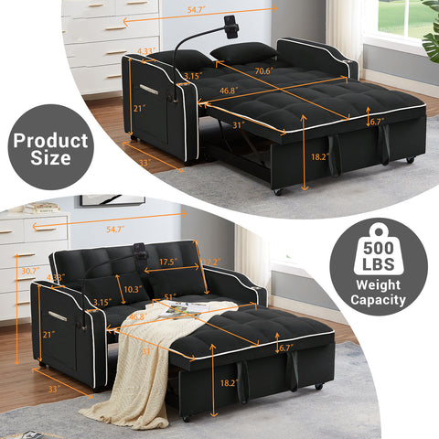 Pull Out Couch Bed with Cup Holders & Phone Holder, 3 in 1 Convertible Sofa, Sleeper Loveseat with 3-Level Adjustable Backrest, Modern Recliner for Living Room Apartment Office