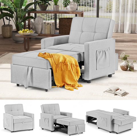 Grey Single Pull Out Couch Chair with Adjust Backrest, 3-in-1 Convertible Sleeper Sofa, Loveseat with Storage and Pillows, Modern Recliner for Living Room Apartment Office