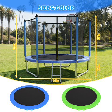 Skepphlay 8 FT Outdoor Trampoline w/ Basketball Hoop, 2 Steps Ladder and Safe Enclosure Net, Blue Recreational Trampoline for Kids, Adults, Backyard