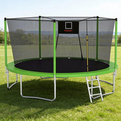 Skepphlay 14 FT Outdoor Trampoline with Safety Enclosure Net, Basketball Hoop, 5 W-Shaped Legs & Ladder, ASTM Certified for Kids Adults, Green
