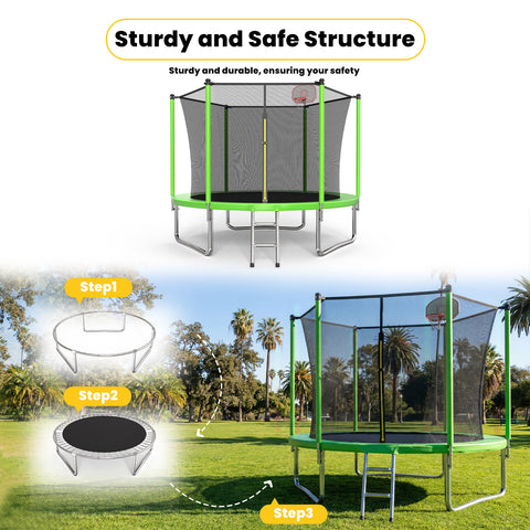 Skepphlay 10 FT Outdoor Trampoline w/ Basketball Hoop, 2 Steps Ladder and Safe Enclosure Net, Green Recreational Trampoline for Kids, Adults, Backyard