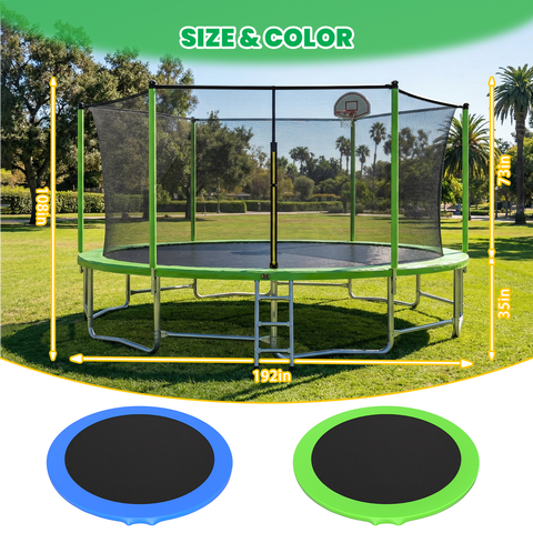 Skepphlay 16 FT Outdoor Trampoline w/ Basketball Hoop, 3 Steps Ladder and Safe Enclosure Net, Green Recreational Trampoline for Kids, Adults, Backyard