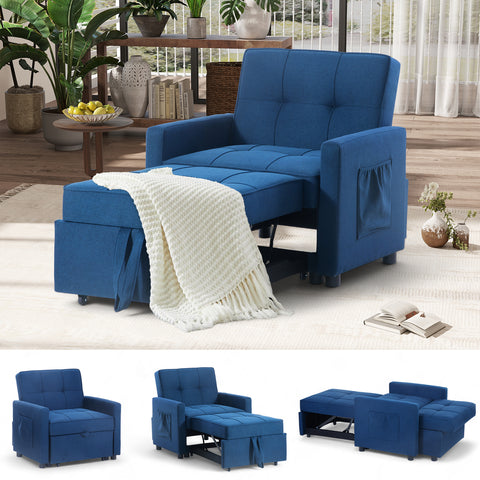 Blue Single Pull Out Couch Chair with Adjust Backrest, 3-in-1 Convertible Sleeper Sofa, Loveseat with Storage and Pillows, Modern Recliner for Living Room Apartment Office