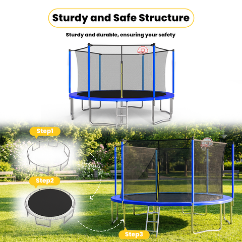 Skepphlay 14 FT Outdoor Trampoline w/ Basketball Hoop, 3 Steps Ladder and Safe Enclosure Net, Blue Recreational Trampoline for Kids, Adults, Backyard