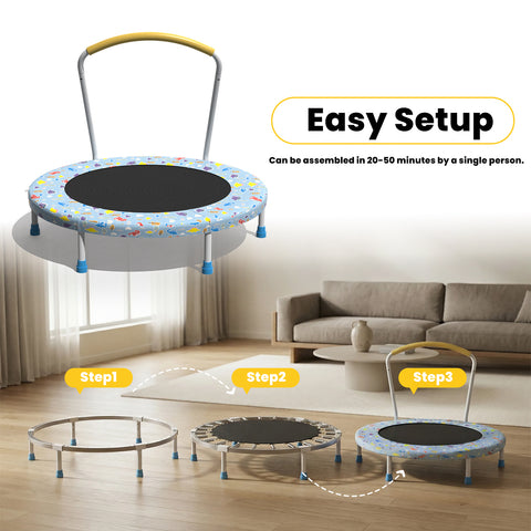 Skepphlay 36" Foldable Toddler Trampoline w/ Adjustable Handlebar for Kids 1-6 Ages, Safe & Sturdy Design, Baby Blue
