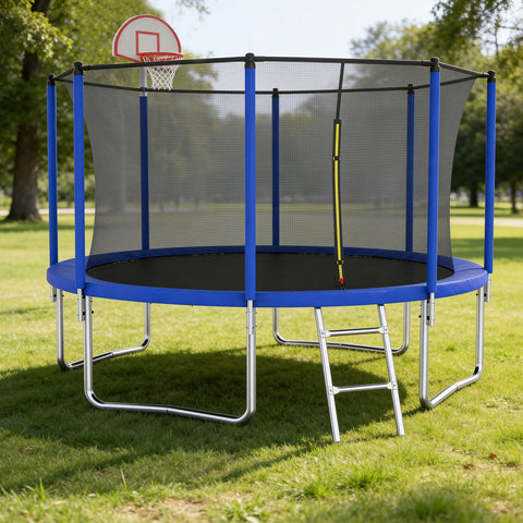 Skepphlay 12 FT Outdoor Trampoline w/ Basketball Hoop, 2 Steps Ladder and Safe Enclosure Net, Blue Recreational Trampoline for Kids, Adults, Backyard