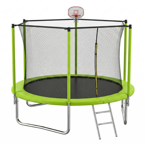 Skepphlay 8 FT Outdoor Trampoline w/ Basketball Hoop, 2 Steps Ladder and Safe Enclosure Net, Green Recreational Trampoline for Kids, Adults, Backyard