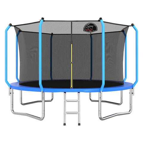 Skepphlay 12 FT Outdoor Trampoline w/ Basketball Hoop, 2 Steps Ladder and Safe Enclosure Net, Recreational Trampoline for Kids, Adults, Blue