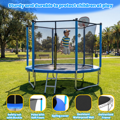Skepphlay 8 FT Outdoor Trampoline w/ Basketball Hoop, 2 Steps Ladder and Safe Enclosure Net, Blue Recreational Trampoline for Kids, Adults, Backyard