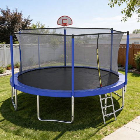Skepphlay 14 FT Outdoor Trampoline w/ Basketball Hoop, 3 Steps Ladder and Safe Enclosure Net, Blue Recreational Trampoline for Kids, Adults, Backyard