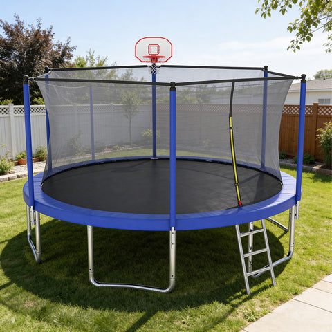 Skepphlay 10 FT Outdoor Trampoline w/ Basketball Hoop, 2 Steps Ladder and Safe Enclosure Net, Blue Recreational Trampoline for Kids, Adults, Backyard