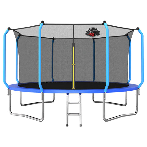 Skepphlay 14 FT Outdoor Trampoline w/ Basketball Hoop, 2 Steps Ladder and Safe Enclosure Net, Recreational Trampoline for Kids, Adults, Blue