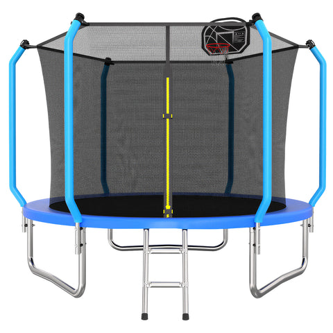 Skepphlay 8 FT Outdoor Trampoline w/ Basketball Hoop, 2 Steps Ladder and Safe Enclosure Net, Recreational Trampoline for Kids, Adults, Blue