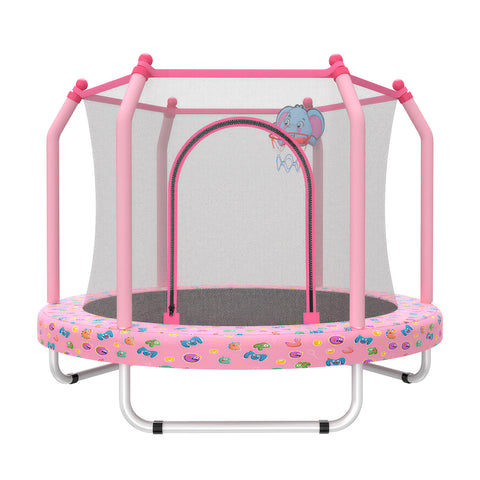 Skepphlay 55" Small Toddle Trampoline w/ Basketball Hoop, Safety Enclosure Design, Baby Round Jumping Mat, Best Gifts For Boys Girls, Pink
