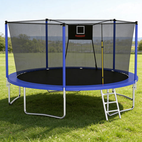 Skepphlay 14 FT Outdoor Trampoline with Safety Enclosure Net, Basketball Hoop, 5 W-Shaped Legs & Ladder, ASTM Certified for Kids Adults,Blue