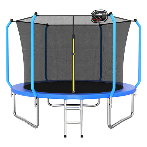 Skepphlay 10 FT Outdoor Trampoline w/ Basketball Hoop, 2 Steps Ladder and Safe Enclosure Net, Recreational Trampoline for Kids, Adults, Blue