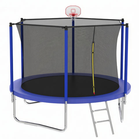 Skepphlay 8 FT Outdoor Trampoline w/ Basketball Hoop, 2 Steps Ladder and Safe Enclosure Net, Blue Recreational Trampoline for Kids, Adults, Backyard