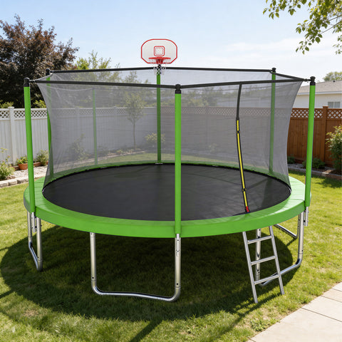 Skepphlay 10 FT Outdoor Trampoline w/ Basketball Hoop, 2 Steps Ladder and Safe Enclosure Net, Green Recreational Trampoline for Kids, Adults, Backyard