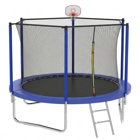Skepphlay 10 FT Outdoor Trampoline w/ Basketball Hoop, 2 Steps Ladder and Safe Enclosure Net, Blue Recreational Trampoline for Kids, Adults, Backyard