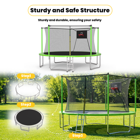 Skepphlay 14 FT Outdoor Trampoline with Safety Enclosure Net, Basketball Hoop, 5 W-Shaped Legs & Ladder, ASTM Certified for Kids Adults, Green