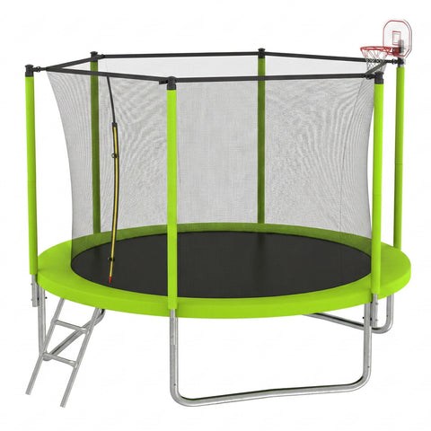Skepphlay 10 FT Outdoor Trampoline w/ Basketball Hoop, 2 Steps Ladder and Safe Enclosure Net, Green Recreational Trampoline for Kids, Adults, Backyard