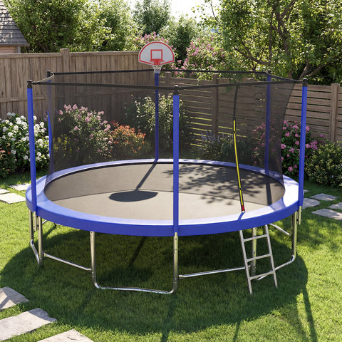 Skepphlay 16 FT Outdoor Trampoline w/ Basketball Hoop, 3 Steps Ladder and Safe Enclosure Net, Blue Recreational Trampoline for Kids, Adults, Backyard