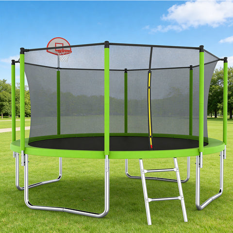 Skepphlay 12 FT Outdoor Trampoline w/ Basketball Hoop, 2 Steps Ladder and Safe Enclosure Net, Green Recreational Trampoline for Kids, Adults, Backyard