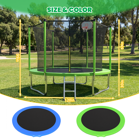 Skepphlay 10 FT Outdoor Trampoline w/ Basketball Hoop, 2 Steps Ladder and Safe Enclosure Net, Green Recreational Trampoline for Kids, Adults, Backyard