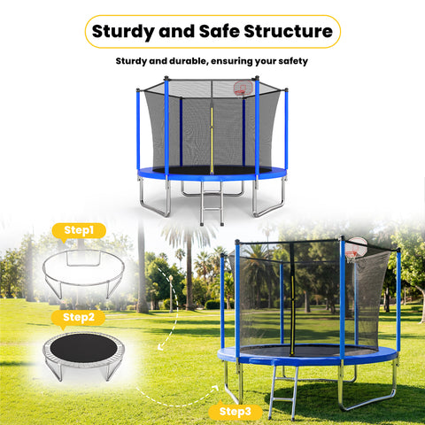 Skepphlay 10 FT Outdoor Trampoline w/ Basketball Hoop, 2 Steps Ladder and Safe Enclosure Net, Blue Recreational Trampoline for Kids, Adults, Backyard
