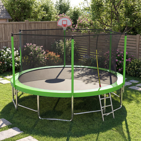 Skepphlay 15 FT Outdoor Trampoline w/ Basketball Hoop, 3 Steps Ladder and Safe Enclosure Net, Green Recreational Trampoline for Kids, Adults, Backyard