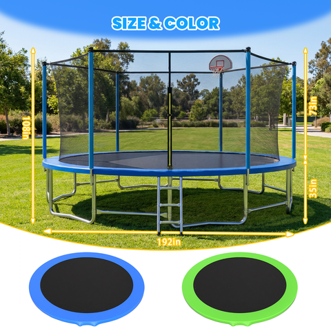 Skepphlay 16 FT Outdoor Trampoline w/ Basketball Hoop, 3 Steps Ladder and Safe Enclosure Net, Blue Recreational Trampoline for Kids, Adults, Backyard