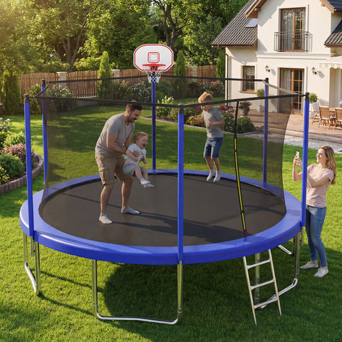 Skepphlay 10 FT Outdoor Trampoline w/ Basketball Hoop, 2 Steps Ladder and Safe Enclosure Net, Blue Recreational Trampoline for Kids, Adults, Backyard