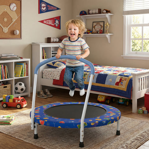 Skepphlay 36" Foldable Toddler Trampoline w/ Adjustable Handlebar for Kids 1-6 Ages, Safe & Sturdy Design, Blue