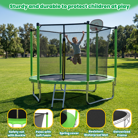 Skepphlay 8 FT Outdoor Trampoline w/ Basketball Hoop, 2 Steps Ladder and Safe Enclosure Net, Green Recreational Trampoline for Kids, Adults, Backyard
