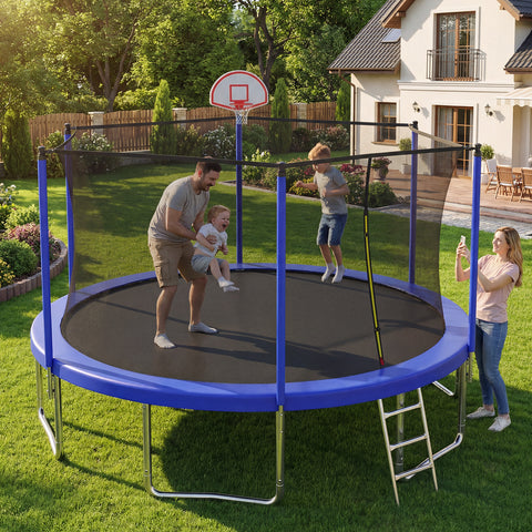 Skepphlay 14 FT Outdoor Trampoline w/ Basketball Hoop, 3 Steps Ladder and Safe Enclosure Net, Blue Recreational Trampoline for Kids, Adults, Backyard