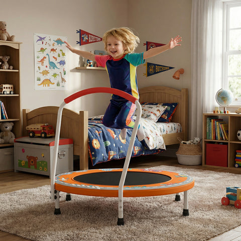 Skepphlay 36" Foldable Toddler Trampoline w/ Adjustable Handlebar for Kids 1-6 Ages, Safe & Sturdy Design, Orange