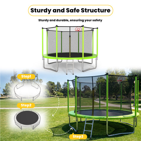 Skepphlay 12 FT Outdoor Trampoline w/ Basketball Hoop, 2 Steps Ladder and Safe Enclosure Net, Green Recreational Trampoline for Kids, Adults, Backyard