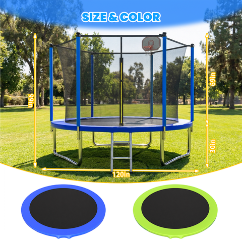 Skepphlay 10 FT Outdoor Trampoline w/ Basketball Hoop, 2 Steps Ladder and Safe Enclosure Net, Blue Recreational Trampoline for Kids, Adults, Backyard