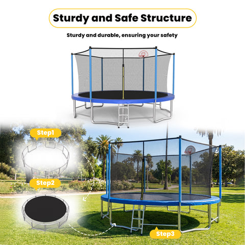 Skepphlay 15 FT Outdoor Trampoline w/ Basketball Hoop, 3 Steps Ladder and Safe Enclosure Net, Blue Recreational Trampoline for Kids, Adults, Backyard