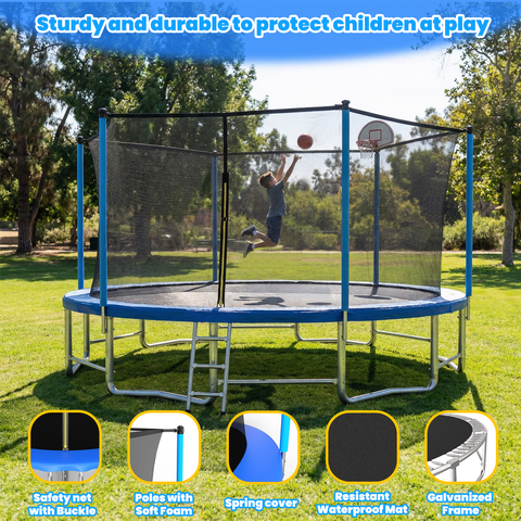 Skepphlay 15 FT Outdoor Trampoline w/ Basketball Hoop, 3 Steps Ladder and Safe Enclosure Net, Blue Recreational Trampoline for Kids, Adults, Backyard