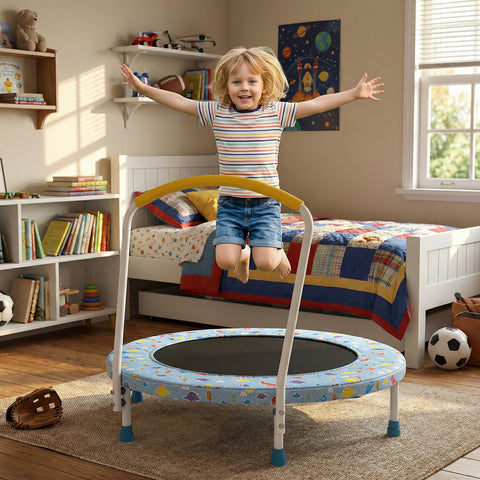 Skepphlay 36" Foldable Toddler Trampoline w/ Adjustable Handlebar for Kids 1-6 Ages, Safe & Sturdy Design, Baby Blue