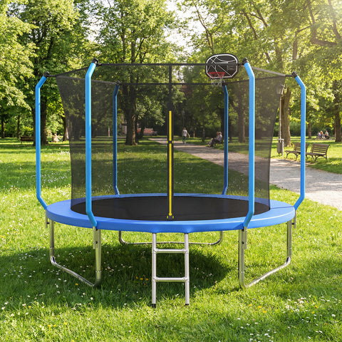 Skepphlay 10 FT Outdoor Trampoline w/ Basketball Hoop, 2 Steps Ladder and Safe Enclosure Net, Recreational Trampoline for Kids, Adults, Blue
