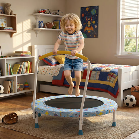 Skepphlay 36" Foldable Toddler Trampoline w/ Adjustable Handlebar for Kids 1-6 Ages, Safe & Sturdy Design, Baby Blue