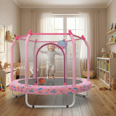 Skepphlay 55" Small Toddle Trampoline w/ Basketball Hoop, Safety Enclosure Design, Baby Round Jumping Mat, Best Gifts For Boys Girls, Pink