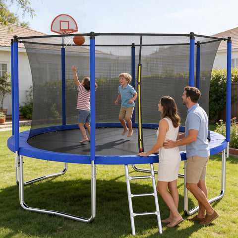 Skepphlay 12 FT Outdoor Trampoline w/ Basketball Hoop, 2 Steps Ladder and Safe Enclosure Net, Blue Recreational Trampoline for Kids, Adults, Backyard