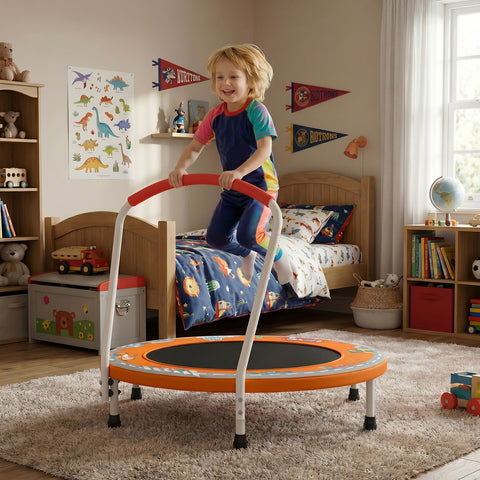 Skepphlay 36" Foldable Toddler Trampoline w/ Adjustable Handlebar for Kids 1-6 Ages, Safe & Sturdy Design, Orange