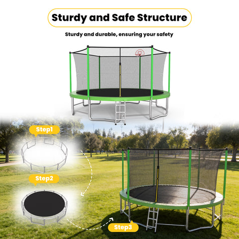 Skepphlay 15 FT Outdoor Trampoline w/ Basketball Hoop, 3 Steps Ladder and Safe Enclosure Net, Green Recreational Trampoline for Kids, Adults, Backyard