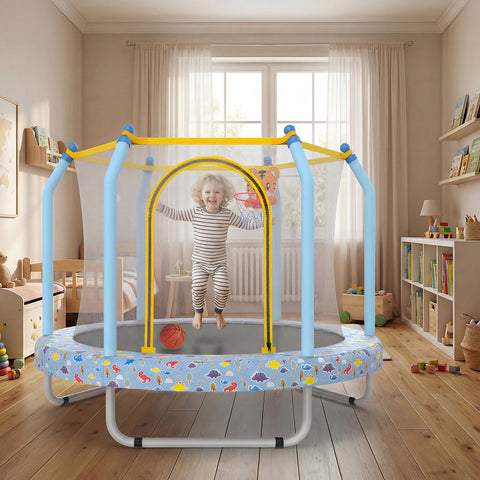 Skepphlay 55" Small Indoor Outdoor Trampoline w/ Basketball Hoop, Safety Enclosure Design, Baby Round Jumping Mat, Best Gifts For Boys Girls, Baby Blue