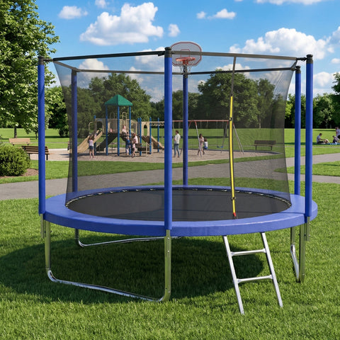 Skepphlay 10 FT Outdoor Trampoline w/ Basketball Hoop, 2 Steps Ladder and Safe Enclosure Net, Blue Recreational Trampoline for Kids, Adults, Backyard
