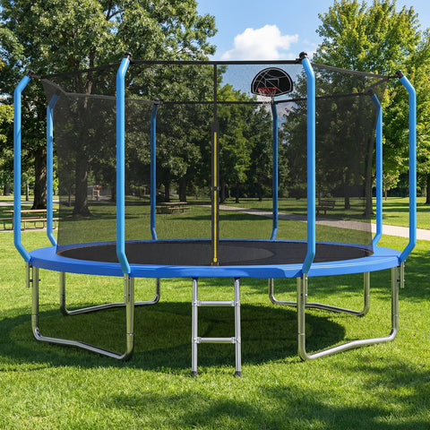 Skepphlay 12 FT Outdoor Trampoline w/ Basketball Hoop, 2 Steps Ladder and Safe Enclosure Net, Recreational Trampoline for Kids, Adults, Blue